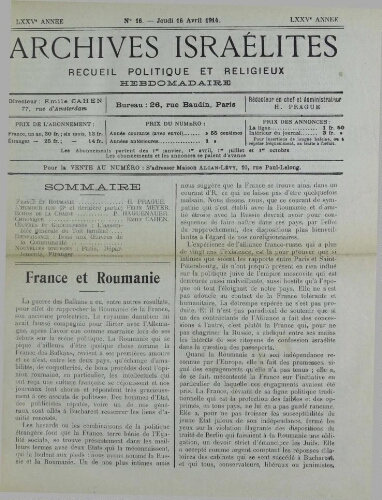 Archives israélites de France. Vol.75 N°16 (16 avr. 1914)